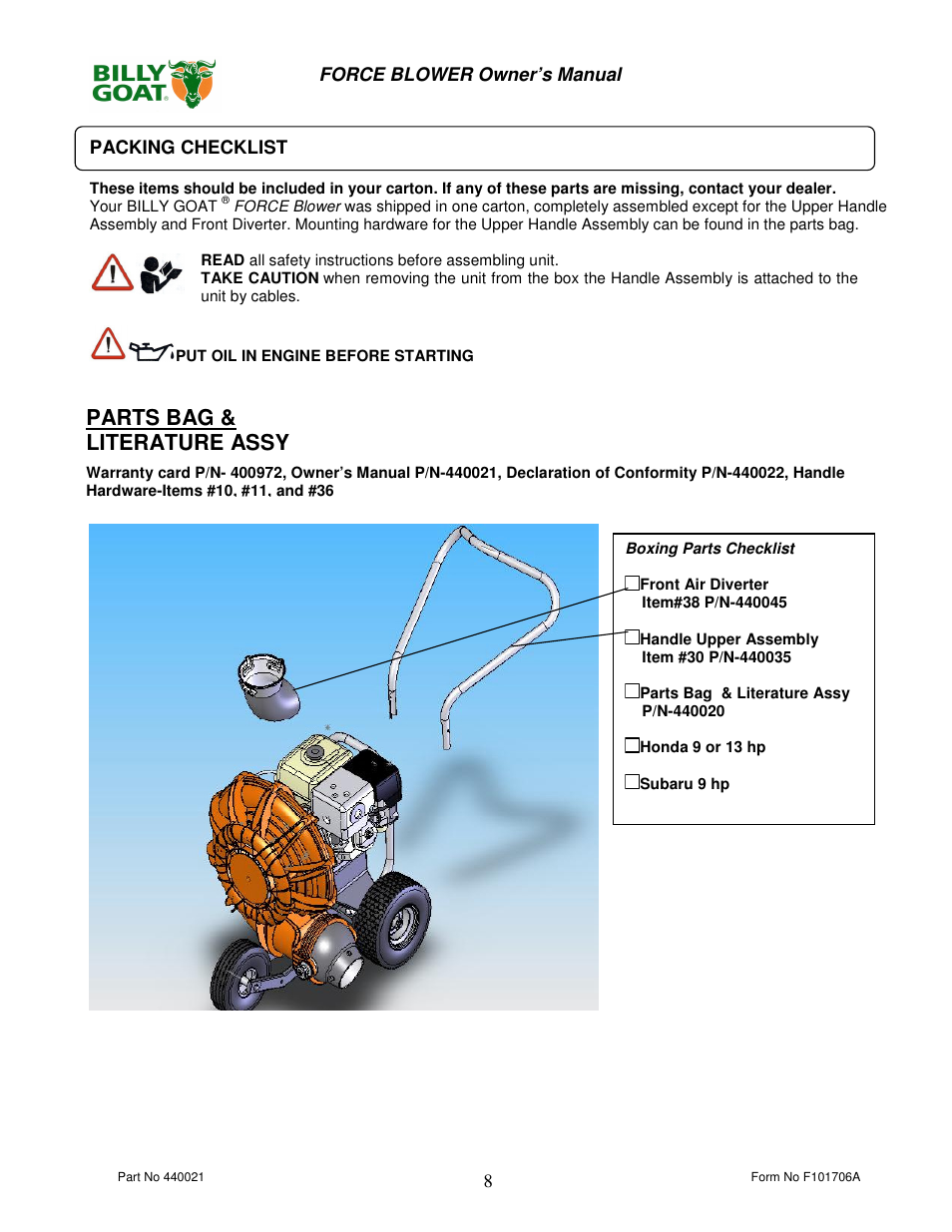 Parts bag & literature assy | Billy Goat P / N 440120 User Manual | Page 8 / 16