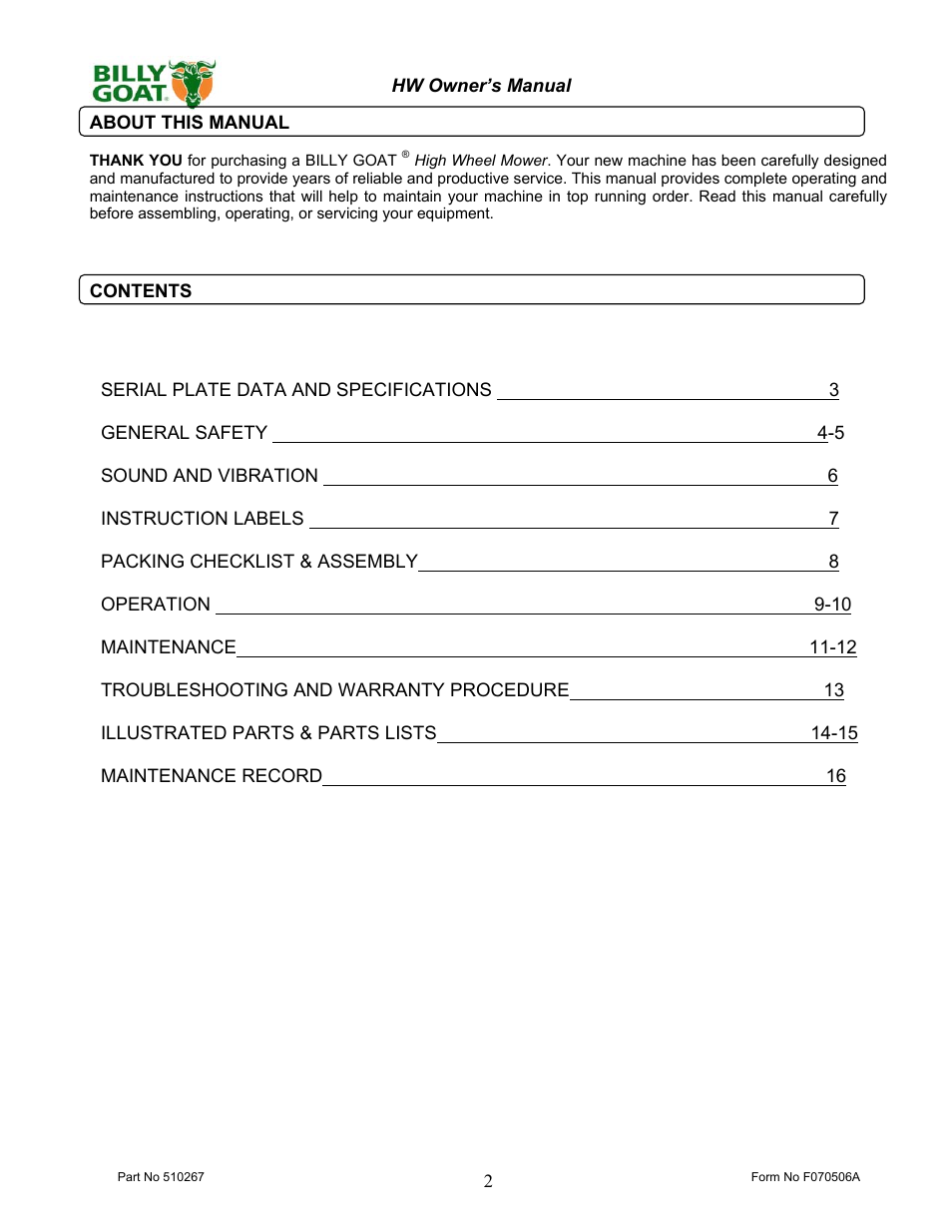 Billy Goat 510223 User Manual | Page 2 / 16