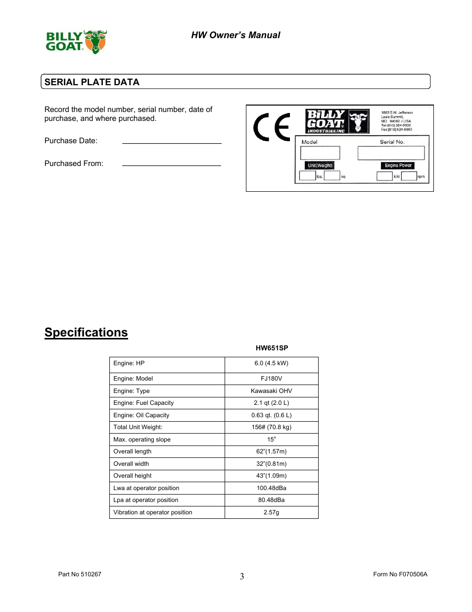 Specifications | Billy Goat 510223 User Manual | Page 3 / 16