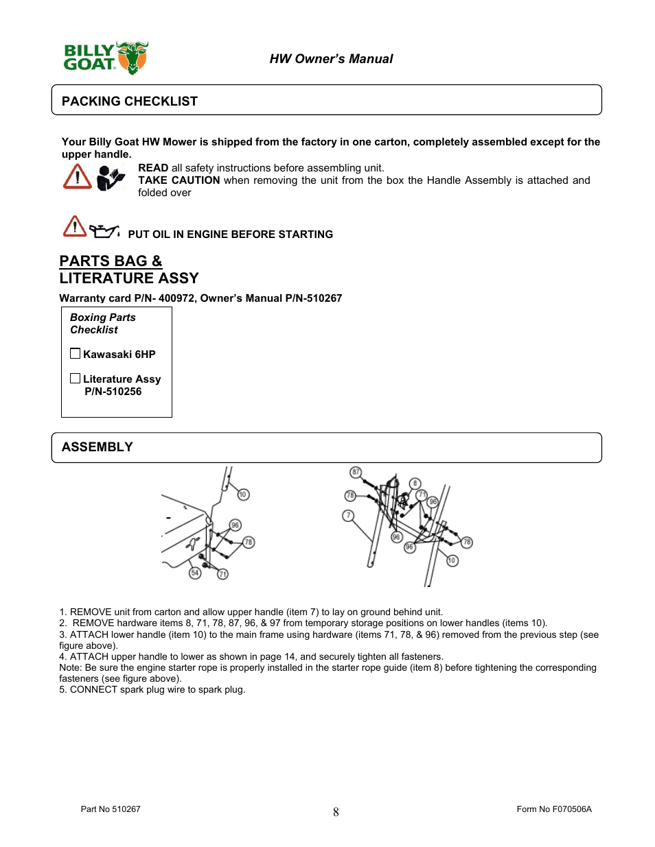 Parts bag & literature assy | Billy Goat 510223 User Manual | Page 8 / 16