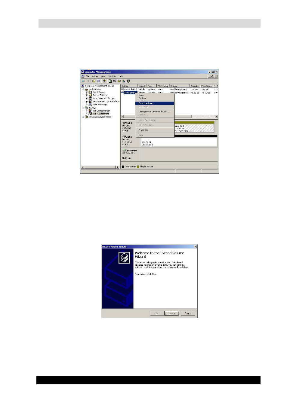 Guardnvr installation manual, Version 4.4 series, Extending hard disk volume screen | Extend volume wizard screen | Quadrox QGuard Installation Manual User Manual | Page 43 / 81
