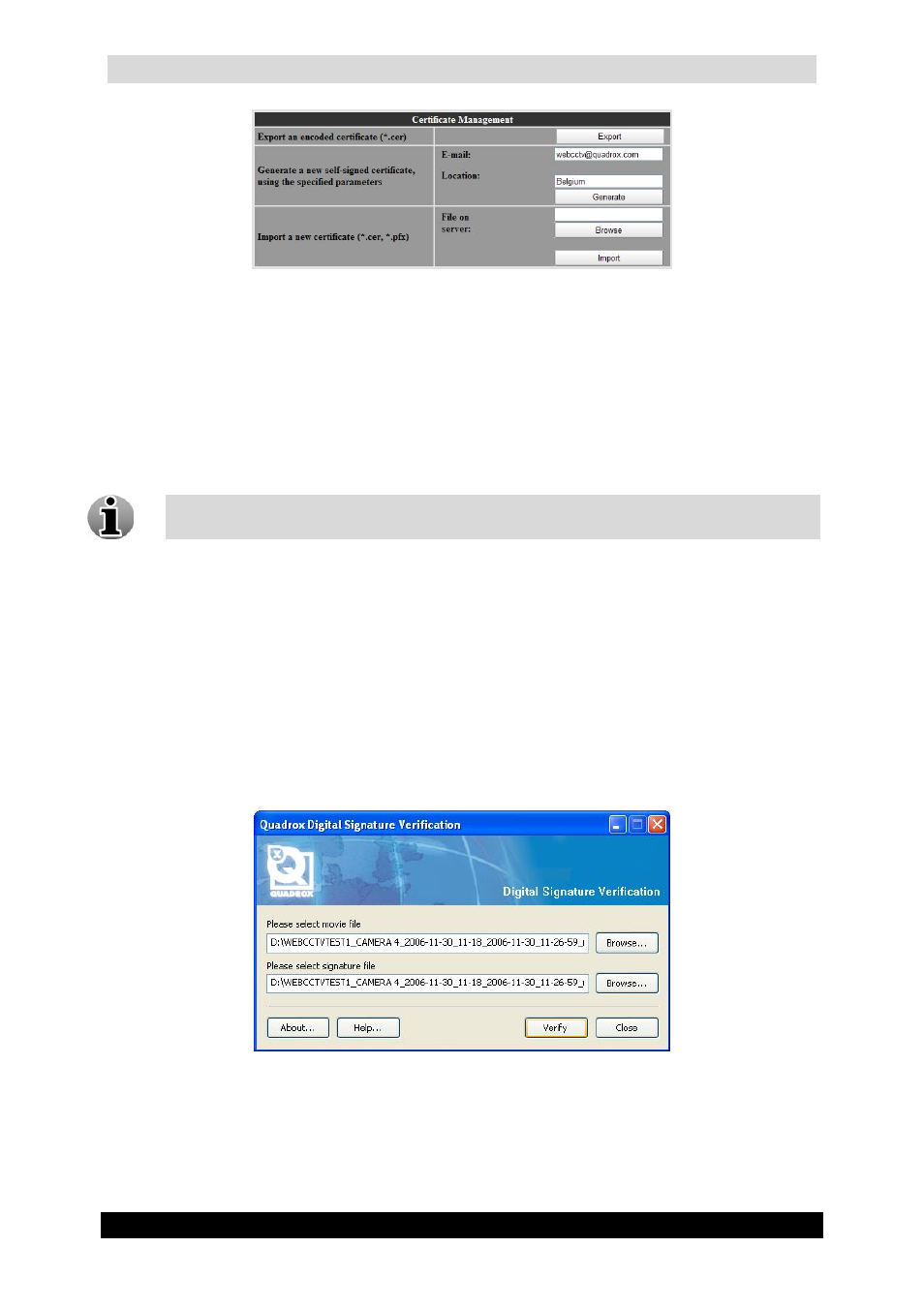 Qguard user manual, Version 4.9 series, Certificate management screen | Step 6 – checking the signature, Digital signature verifier main screen | Quadrox QGuard User Manual User Manual | Page 147 / 171