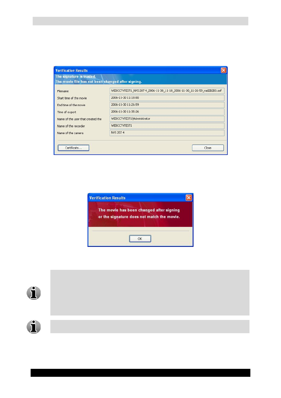 Qguard user manual, Version 4.9 series, Trusted signature information screen | Not trusted signature information screen | Quadrox QGuard User Manual User Manual | Page 148 / 171