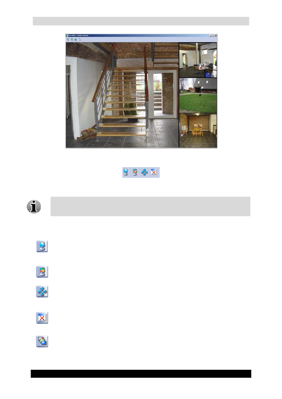 Qguard user manual, Qguard local interface buttons, Single view | Mosaic view, Full screen button, Close child windows button, Change mosaic view button, Version 4.9 series, Qguard local interface mosaic view screen, Qguard local interface control panel | Quadrox QGuard User Manual User Manual | Page 15 / 171