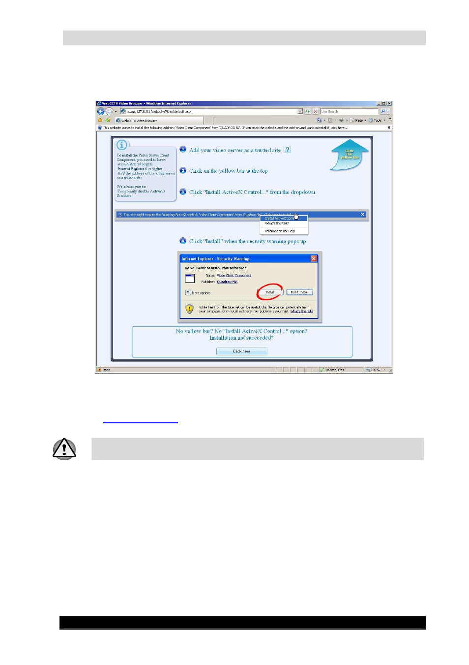 Webcctv installation manual, Version 4.4 series, Activex installation screen | Quadrox WebCCTV Installation Manual User Manual | Page 47 / 84