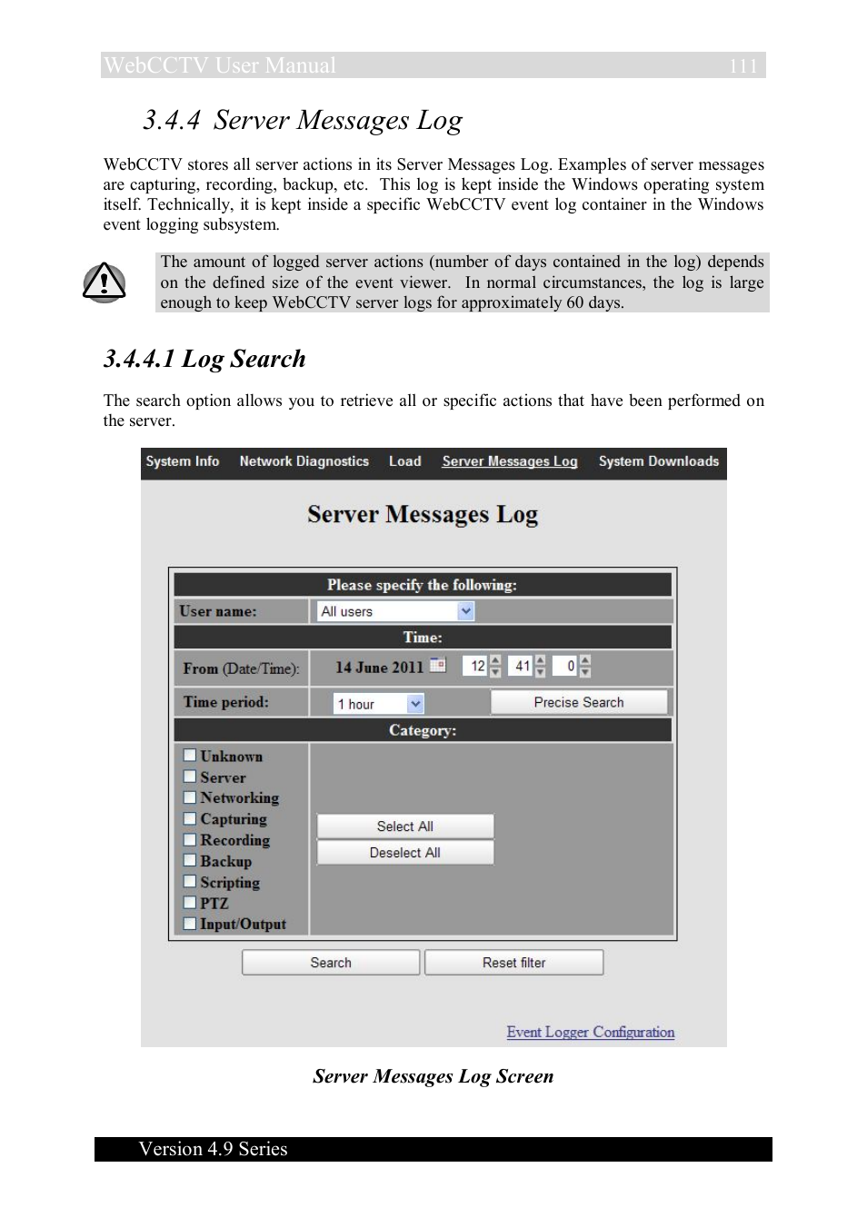 4 server messages log, 1 log search, Webcctv user manual | Quadrox WebCCTV User Manual User Manual | Page 111 / 170