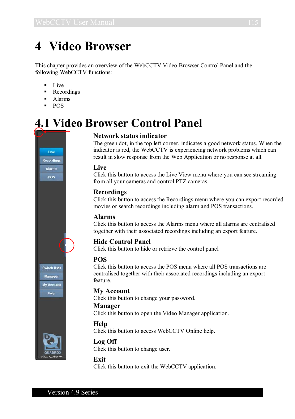 4 video browser, 1 video browser control panel, Webcctv user manual | Quadrox WebCCTV User Manual User Manual | Page 115 / 170