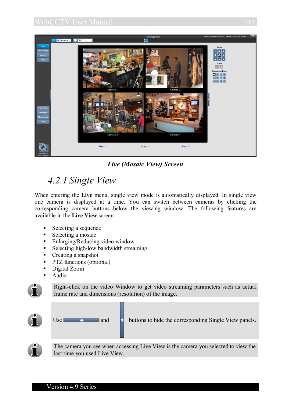 1 single view, Webcctv user manual, Version 4.9 series | Live (mosaic view) screen | Quadrox WebCCTV User Manual User Manual | Page 117 / 170