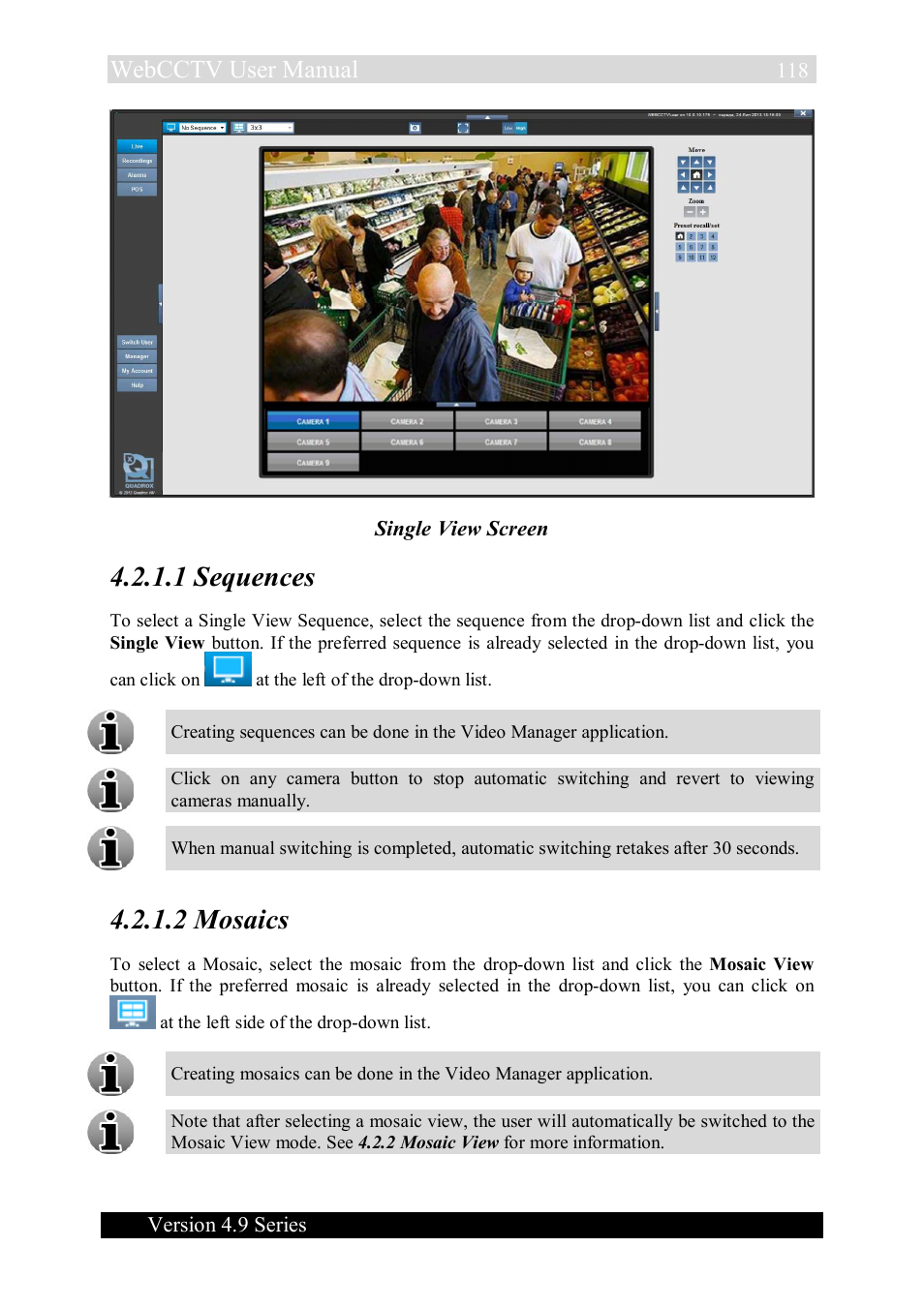 1 sequences, 2 mosaics, Webcctv user manual | Version 4.9 series, Single view screen | Quadrox WebCCTV User Manual User Manual | Page 118 / 170