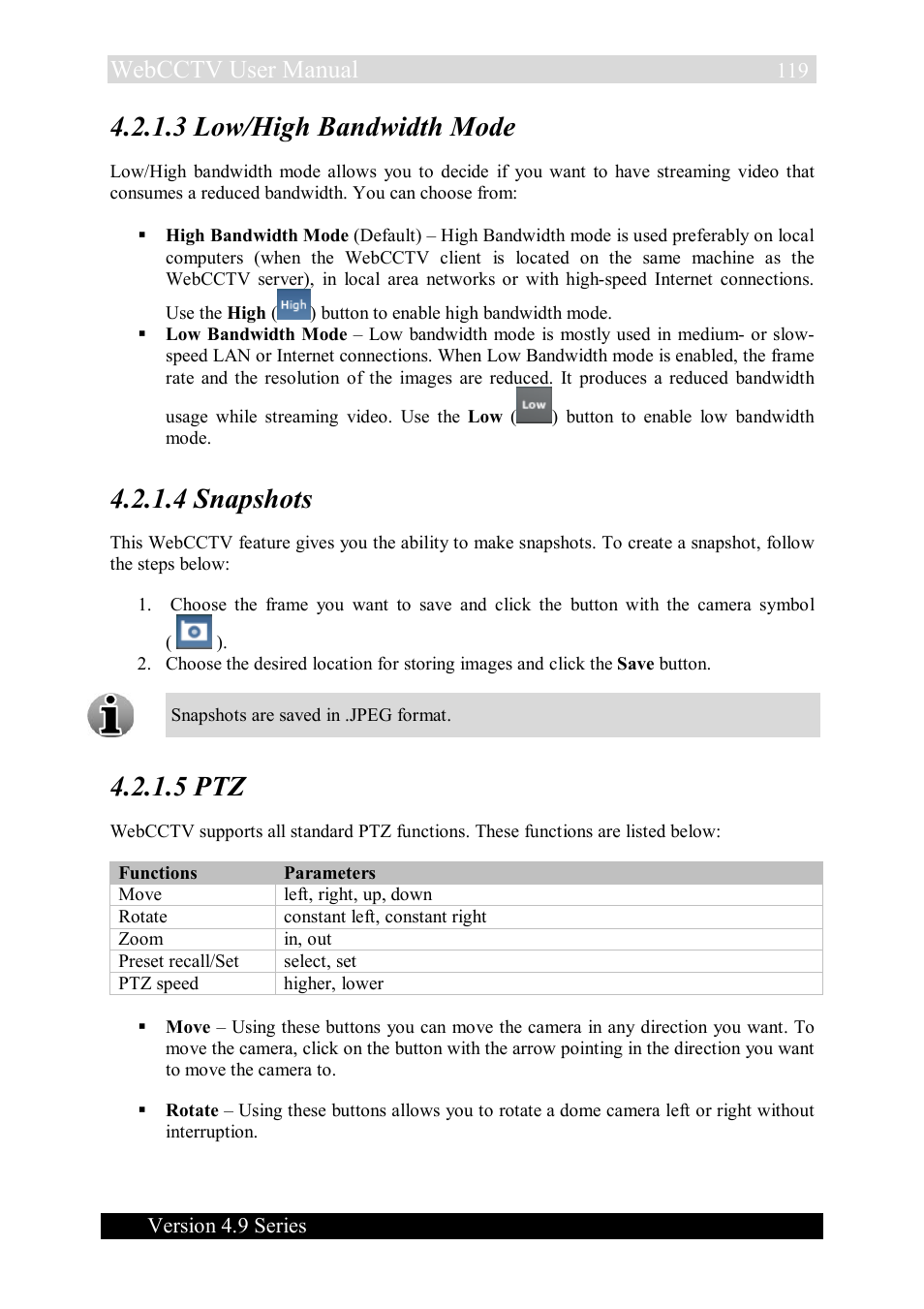 3 low/high bandwidth mode, 4 snapshots, 5 ptz | Webcctv user manual | Quadrox WebCCTV User Manual User Manual | Page 119 / 170