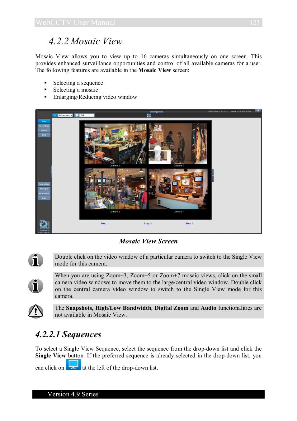 2 mosaic view, 1 sequences, Webcctv user manual | Quadrox WebCCTV User Manual User Manual | Page 123 / 170