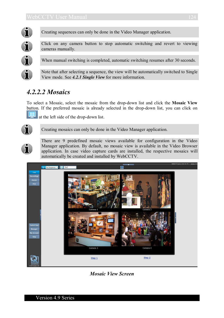 2 mosaics, Webcctv user manual, Version 4.9 series | Mosaic view screen | Quadrox WebCCTV User Manual User Manual | Page 124 / 170