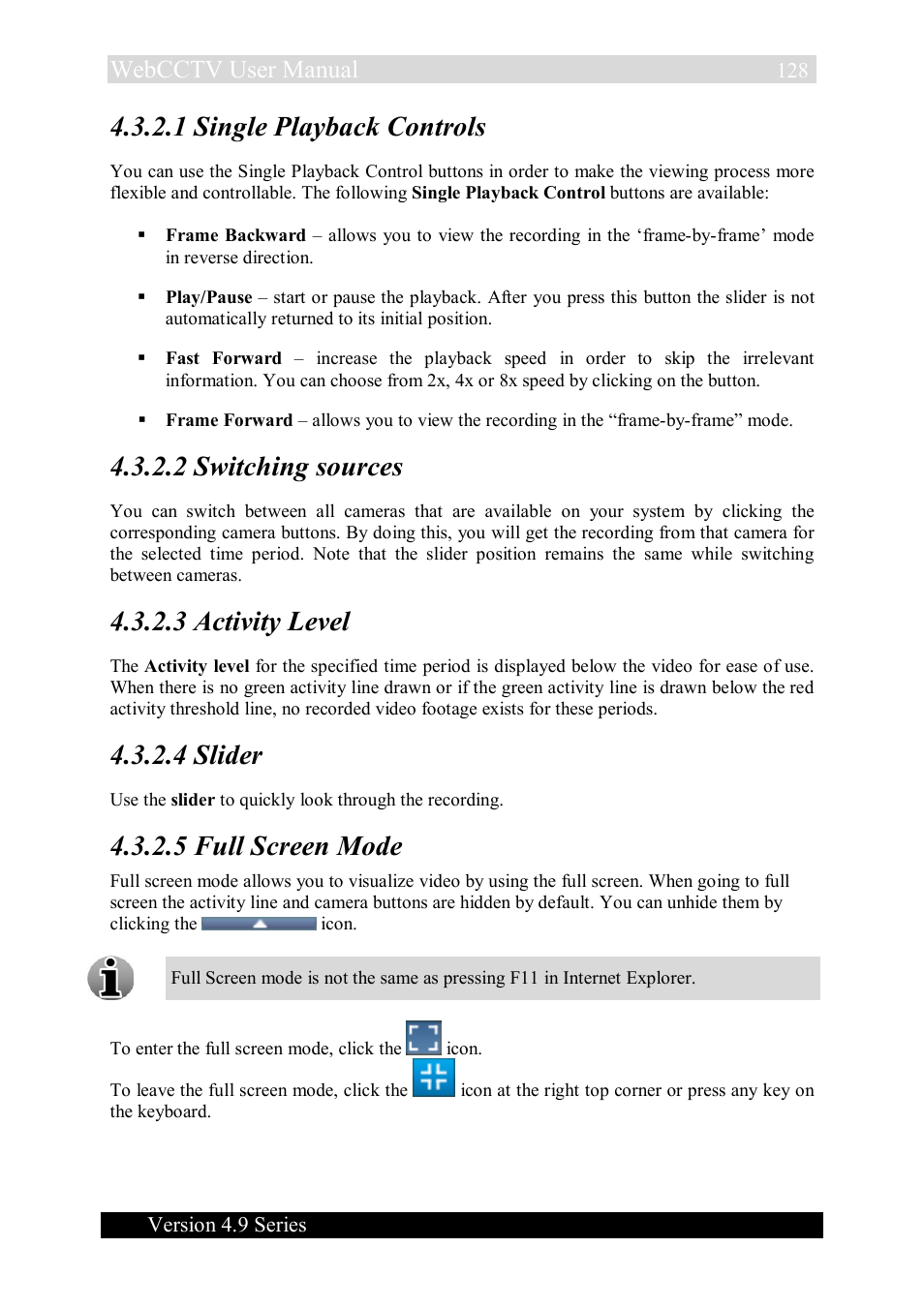 1 single playback controls, 2 switching sources, 3 activity level | 4 slider, 5 full screen mode, Webcctv user manual | Quadrox WebCCTV User Manual User Manual | Page 128 / 170