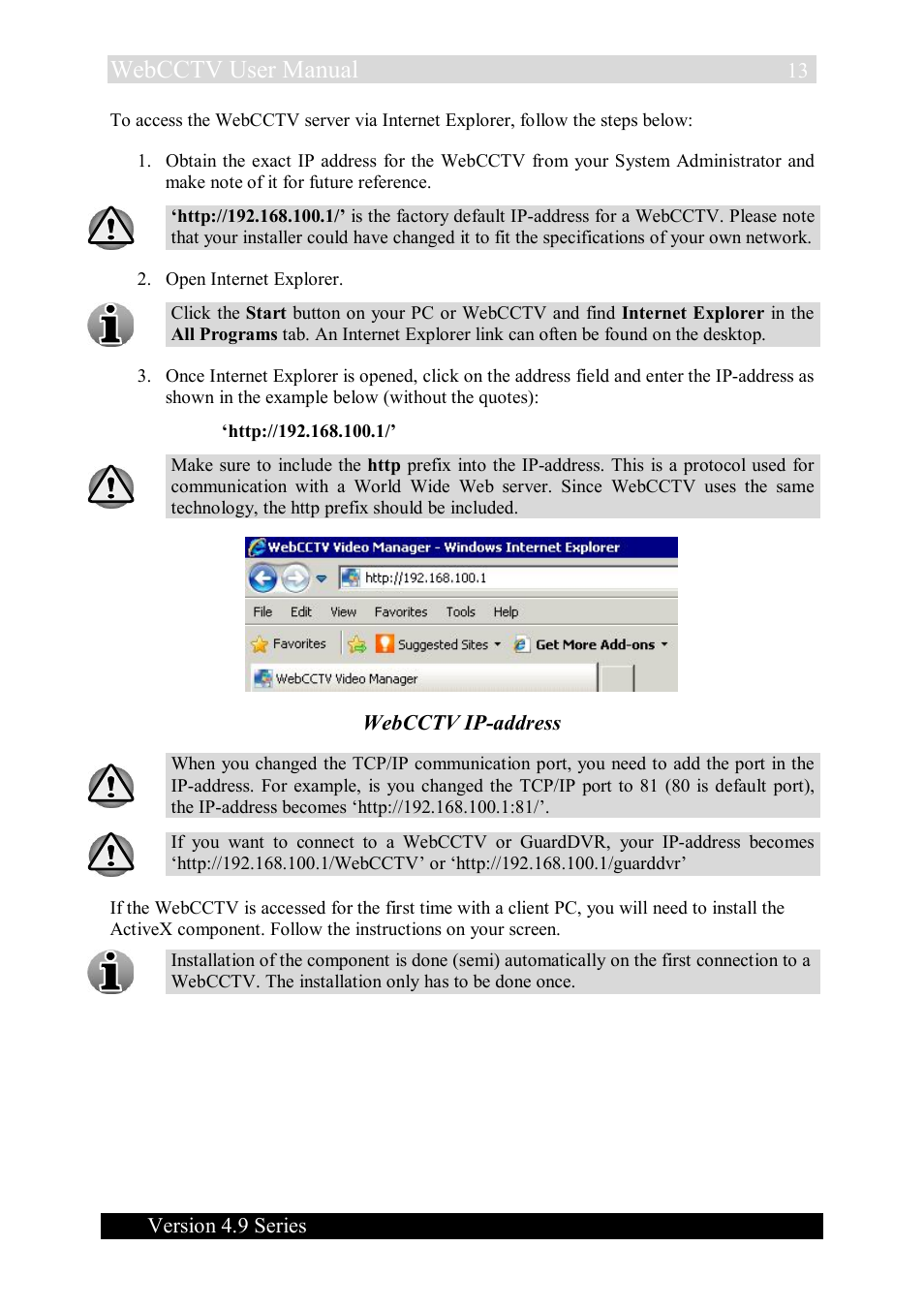 Webcctv user manual, Version 4.9 series, Webcctv ip-address | Quadrox WebCCTV User Manual User Manual | Page 13 / 170