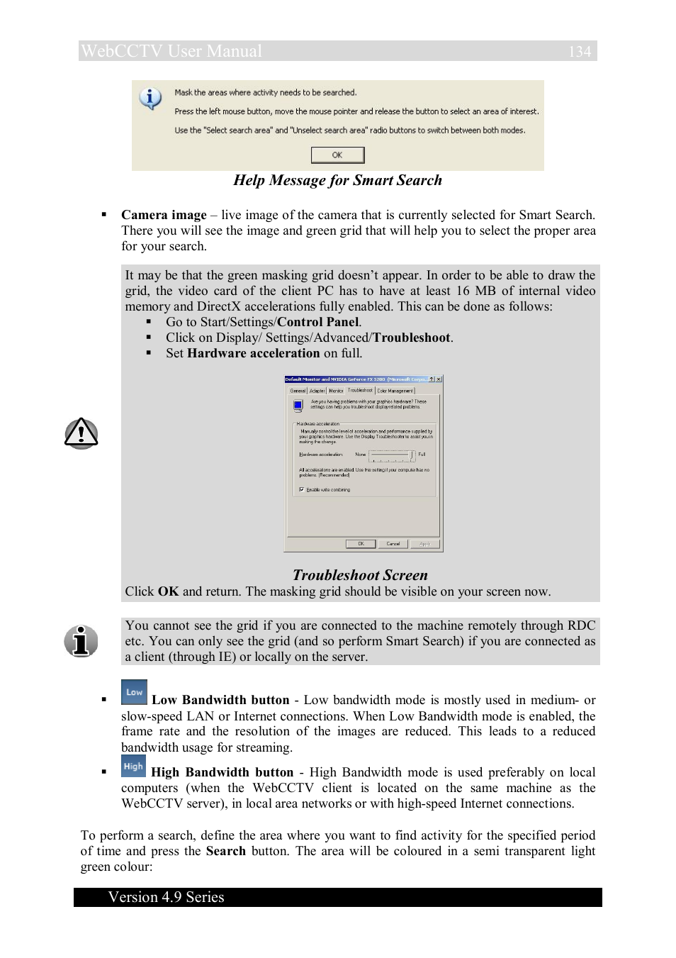 Webcctv user manual, Version 4.9 series, Help message for smart search | Troubleshoot screen | Quadrox WebCCTV User Manual User Manual | Page 134 / 170