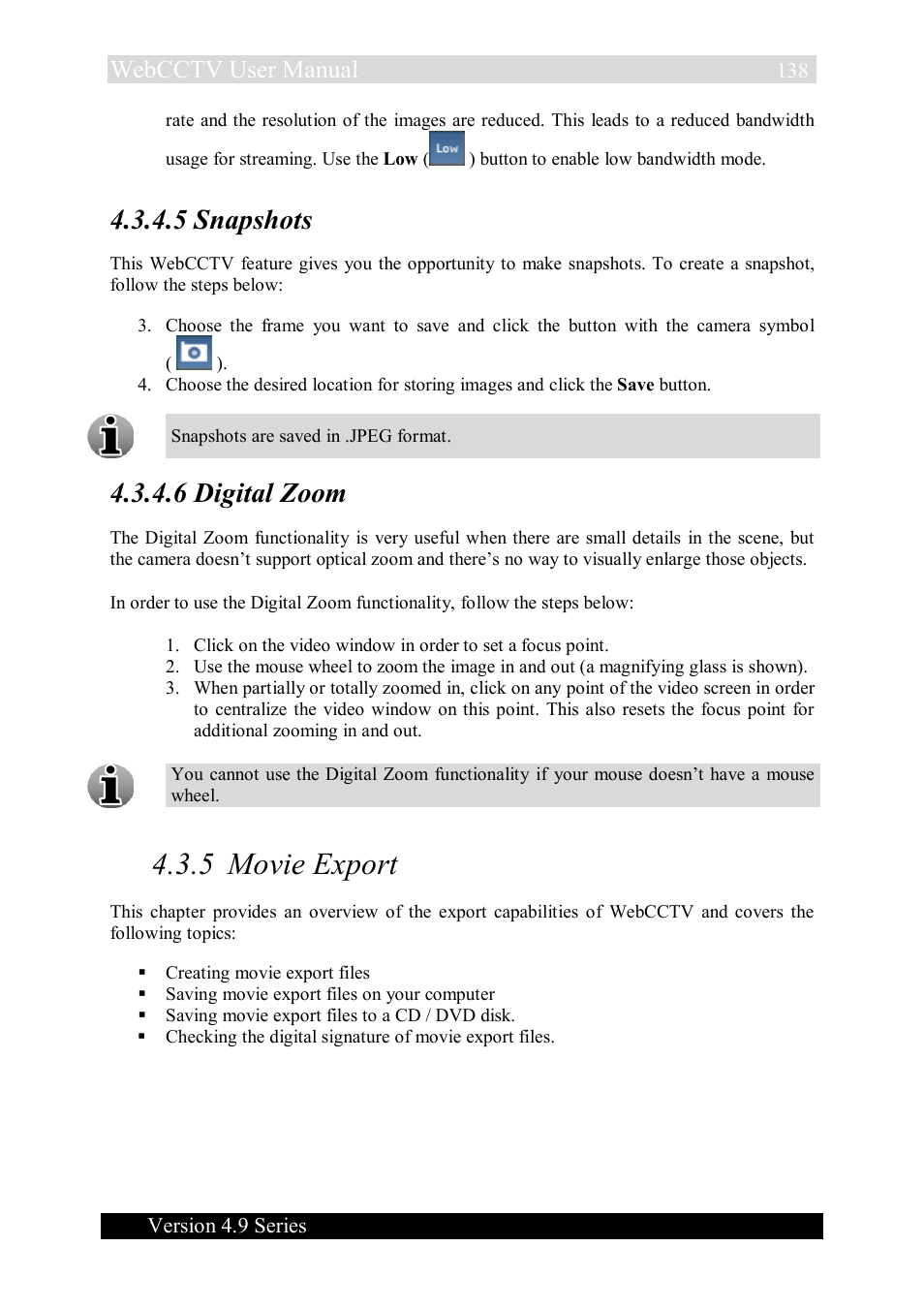 5 movie export, 5 snapshots, 6 digital zoom | Webcctv user manual | Quadrox WebCCTV User Manual User Manual | Page 138 / 170