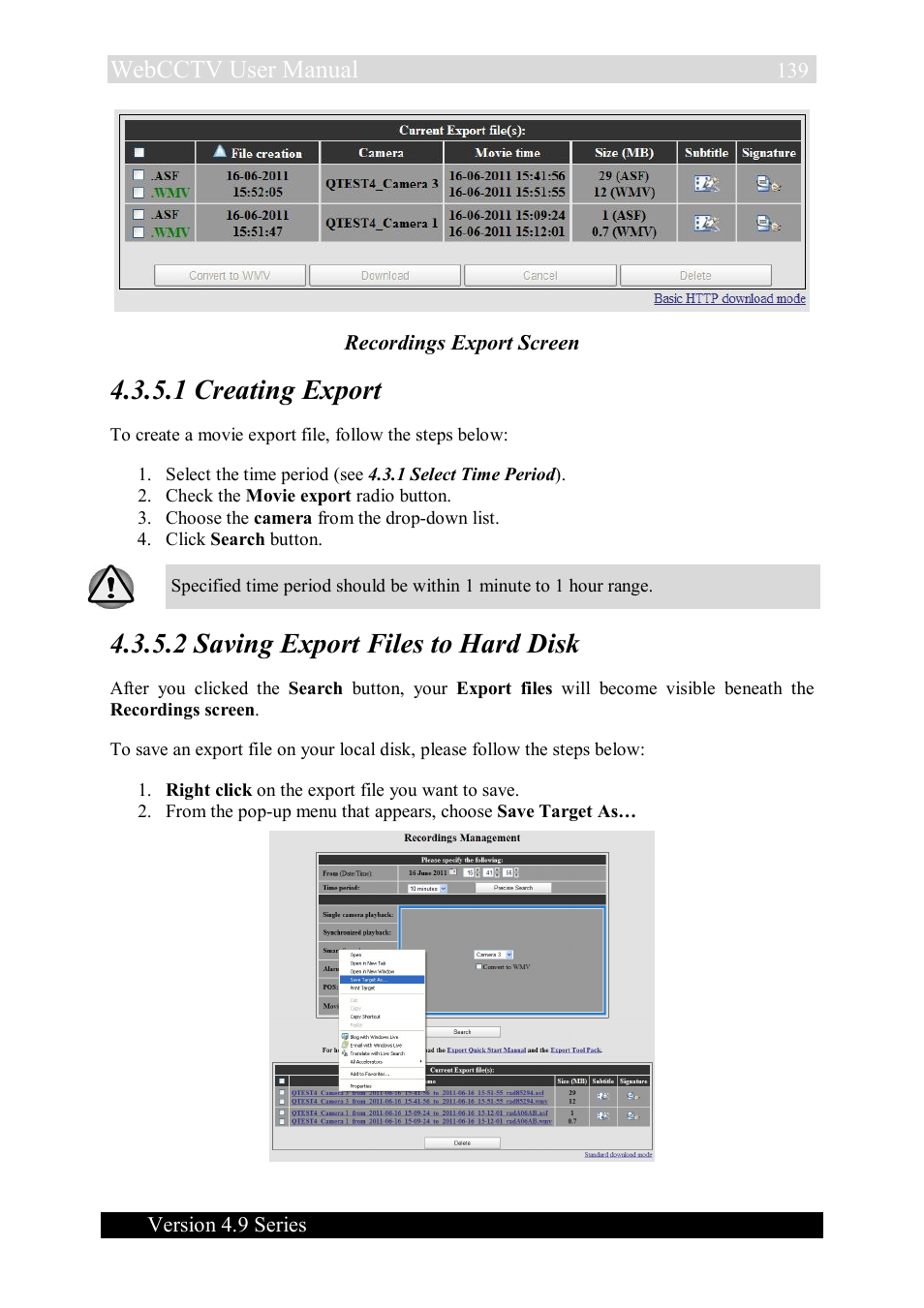 1 creating export, 2 saving export files to hard disk, Webcctv user manual | Quadrox WebCCTV User Manual User Manual | Page 139 / 170