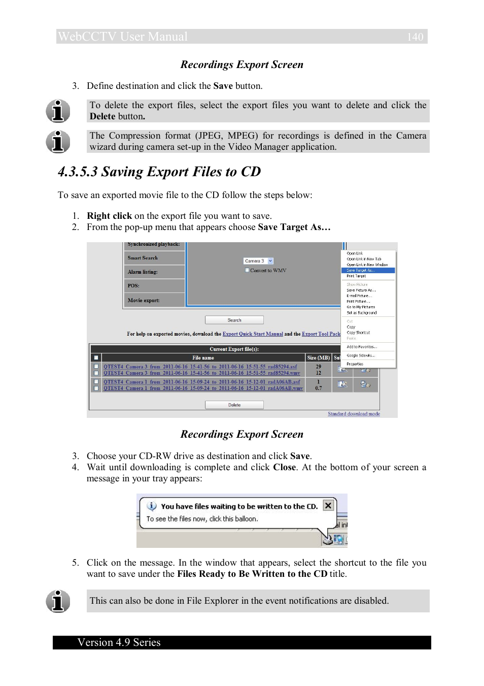 3 saving export files to cd, Webcctv user manual, Version 4.9 series | Recordings export screen | Quadrox WebCCTV User Manual User Manual | Page 140 / 170