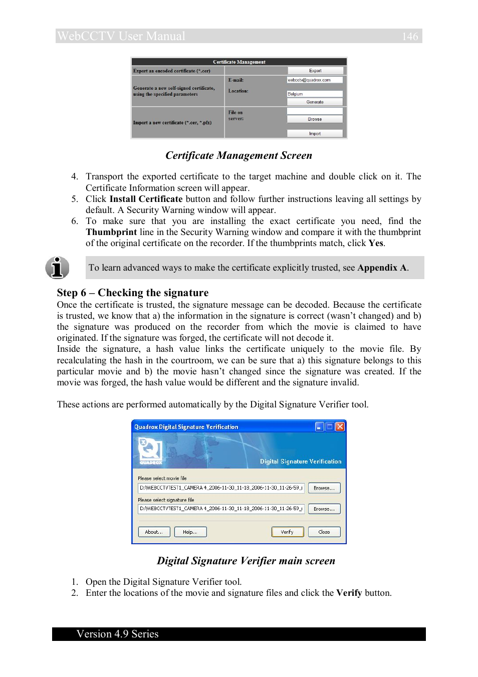 Webcctv user manual, Version 4.9 series, Certificate management screen | Step 6 – checking the signature, Digital signature verifier main screen | Quadrox WebCCTV User Manual User Manual | Page 146 / 170