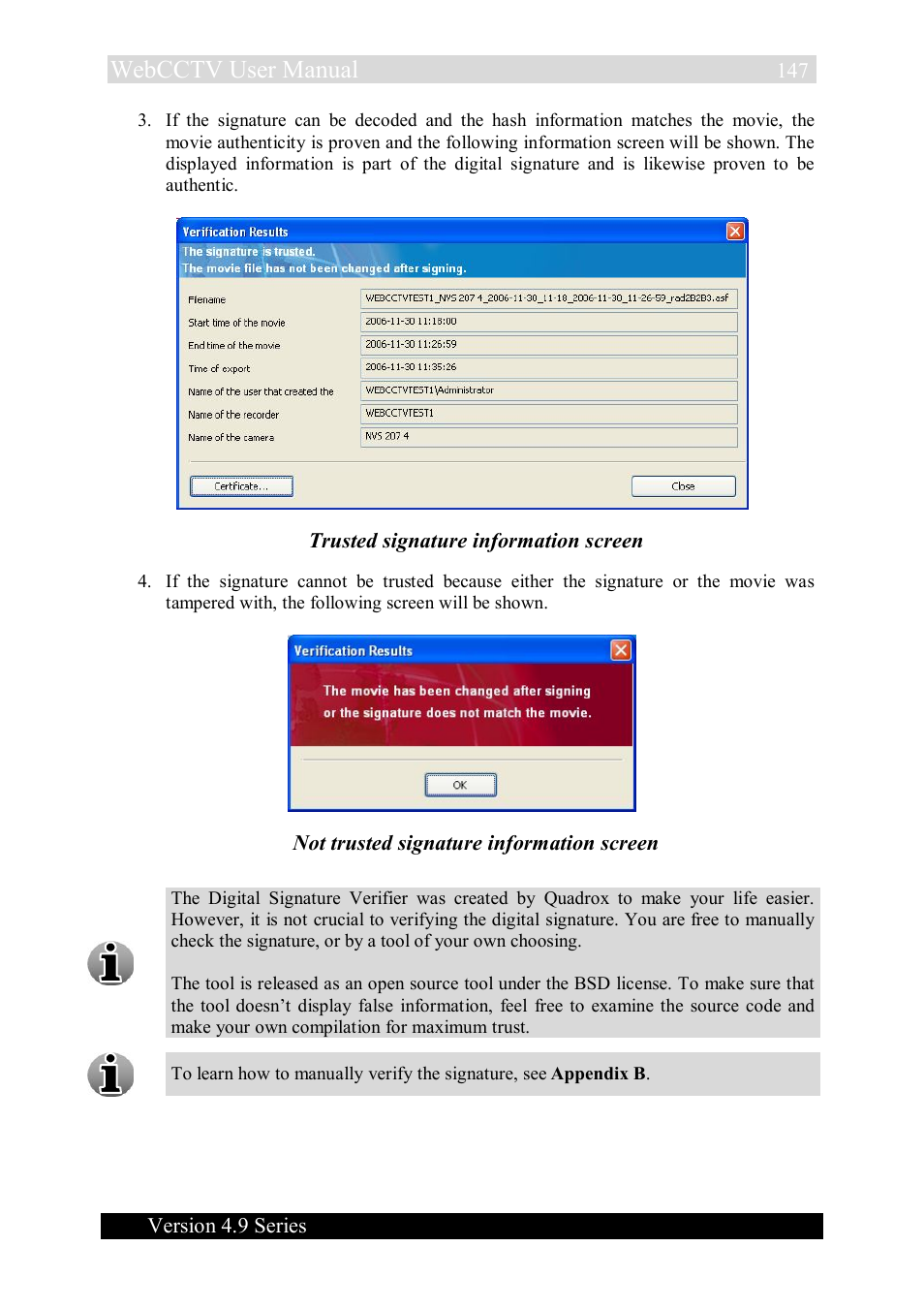 Webcctv user manual, Version 4.9 series, Trusted signature information screen | Not trusted signature information screen | Quadrox WebCCTV User Manual User Manual | Page 147 / 170