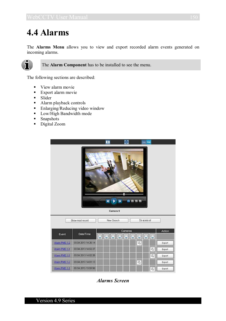 4 alarms, Webcctv user manual | Quadrox WebCCTV User Manual User Manual | Page 150 / 170