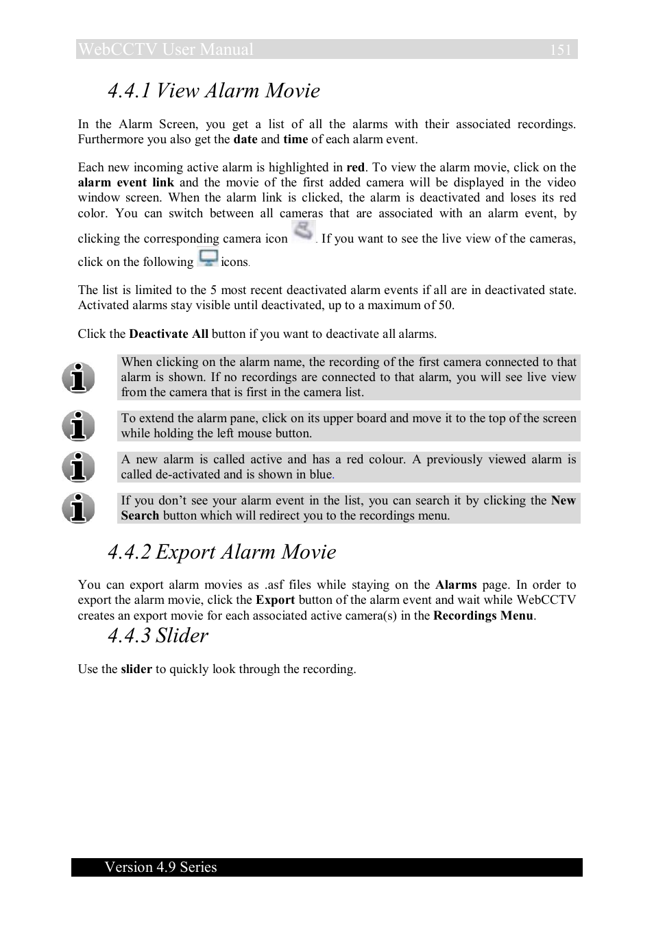 1 view alarm movie, 2 export alarm movie, 3 slider | Webcctv user manual | Quadrox WebCCTV User Manual User Manual | Page 151 / 170