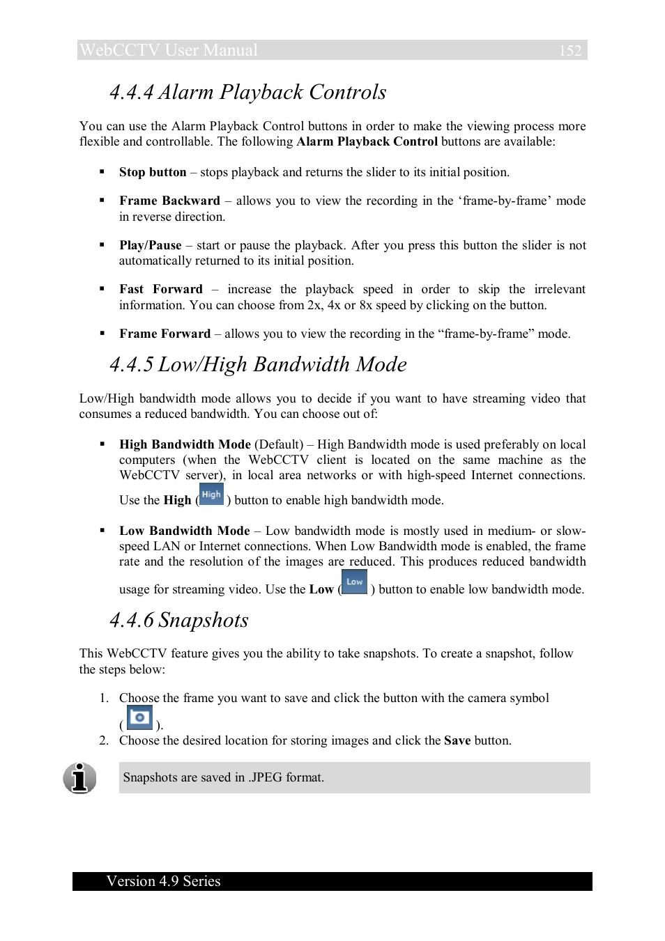 4 alarm playback controls, 5 low/high bandwidth mode, 6 snapshots | Webcctv user manual | Quadrox WebCCTV User Manual User Manual | Page 152 / 170