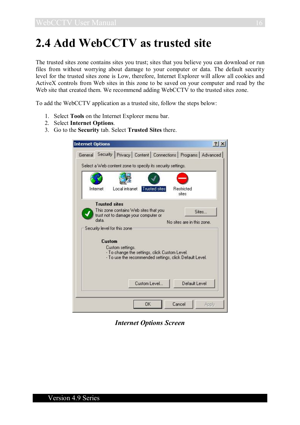 4 add webcctv as trusted site, Webcctv user manual | Quadrox WebCCTV User Manual User Manual | Page 16 / 170