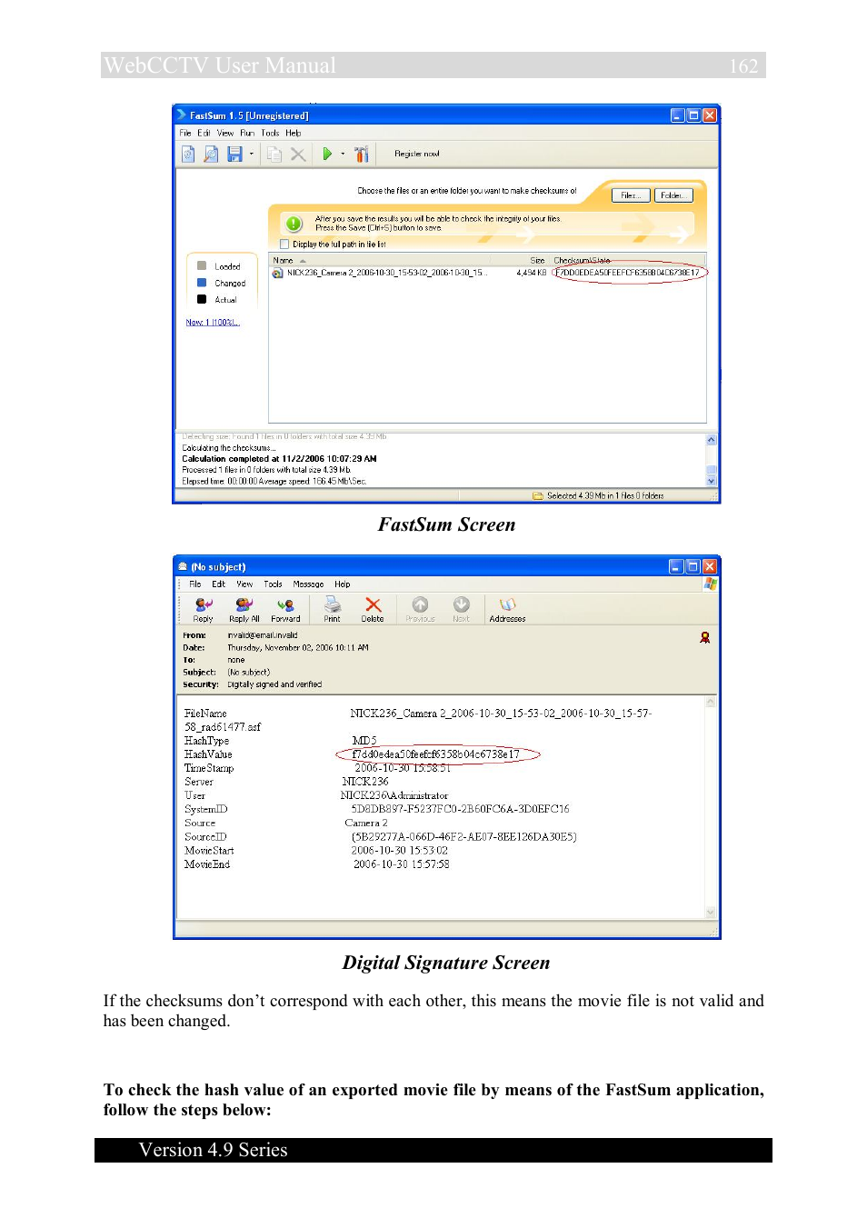 Webcctv user manual, Version 4.9 series, Fastsum screen | Digital signature screen | Quadrox WebCCTV User Manual User Manual | Page 162 / 170