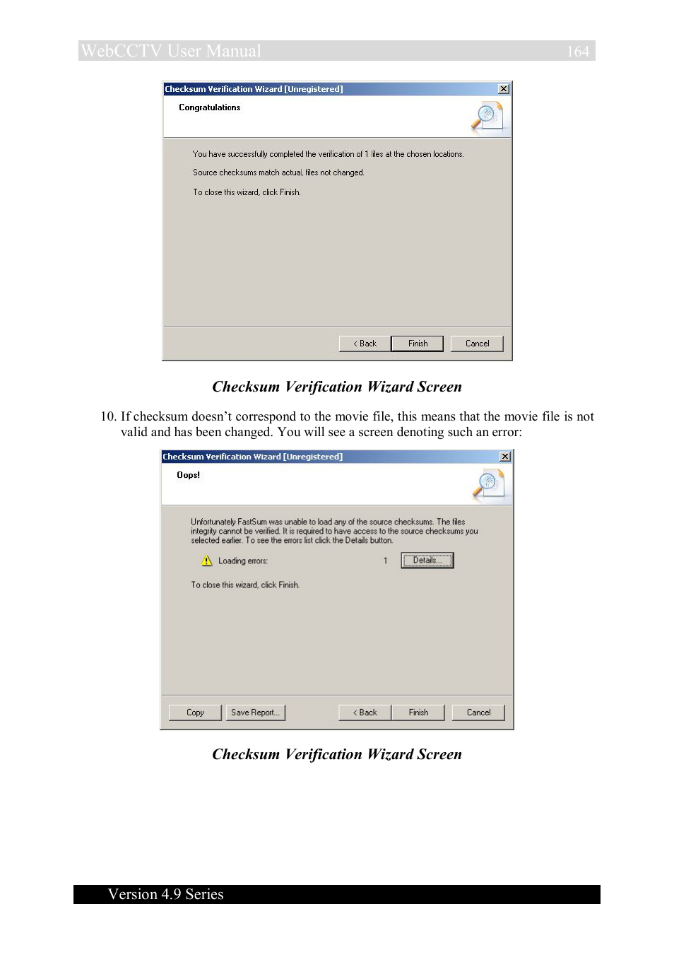 Webcctv user manual, Version 4.9 series, Checksum verification wizard screen | Quadrox WebCCTV User Manual User Manual | Page 164 / 170