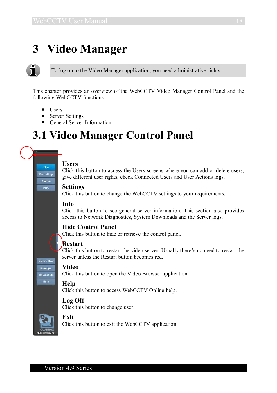 Video manager, 1 video manager control panel, Webcctv user manual | Quadrox WebCCTV User Manual User Manual | Page 18 / 170