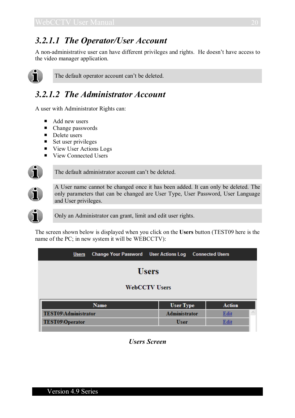 1 the operator/user account, 2 the administrator account, Webcctv user manual | Version 4.9 series, Users screen | Quadrox WebCCTV User Manual User Manual | Page 20 / 170