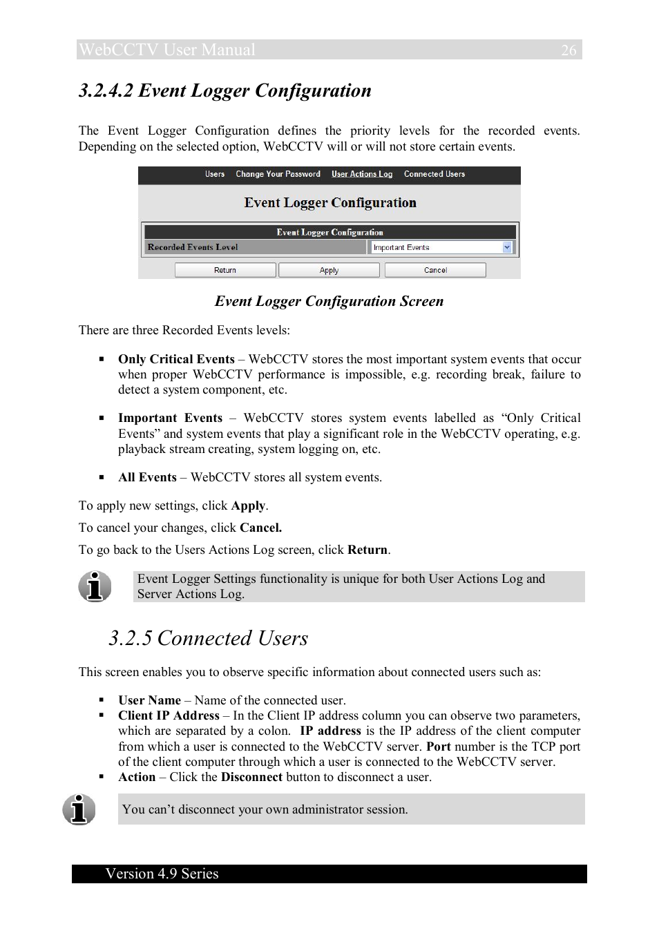 5 connected users, 2 event logger configuration, Webcctv user manual | Quadrox WebCCTV User Manual User Manual | Page 26 / 170