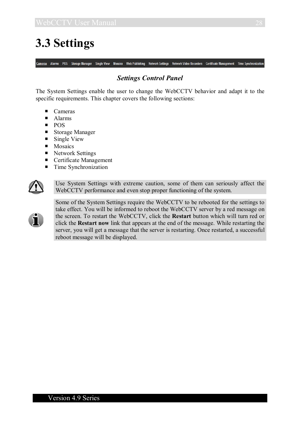 3 settings, Webcctv user manual, Version 4.9 series | Settings control panel | Quadrox WebCCTV User Manual User Manual | Page 28 / 170