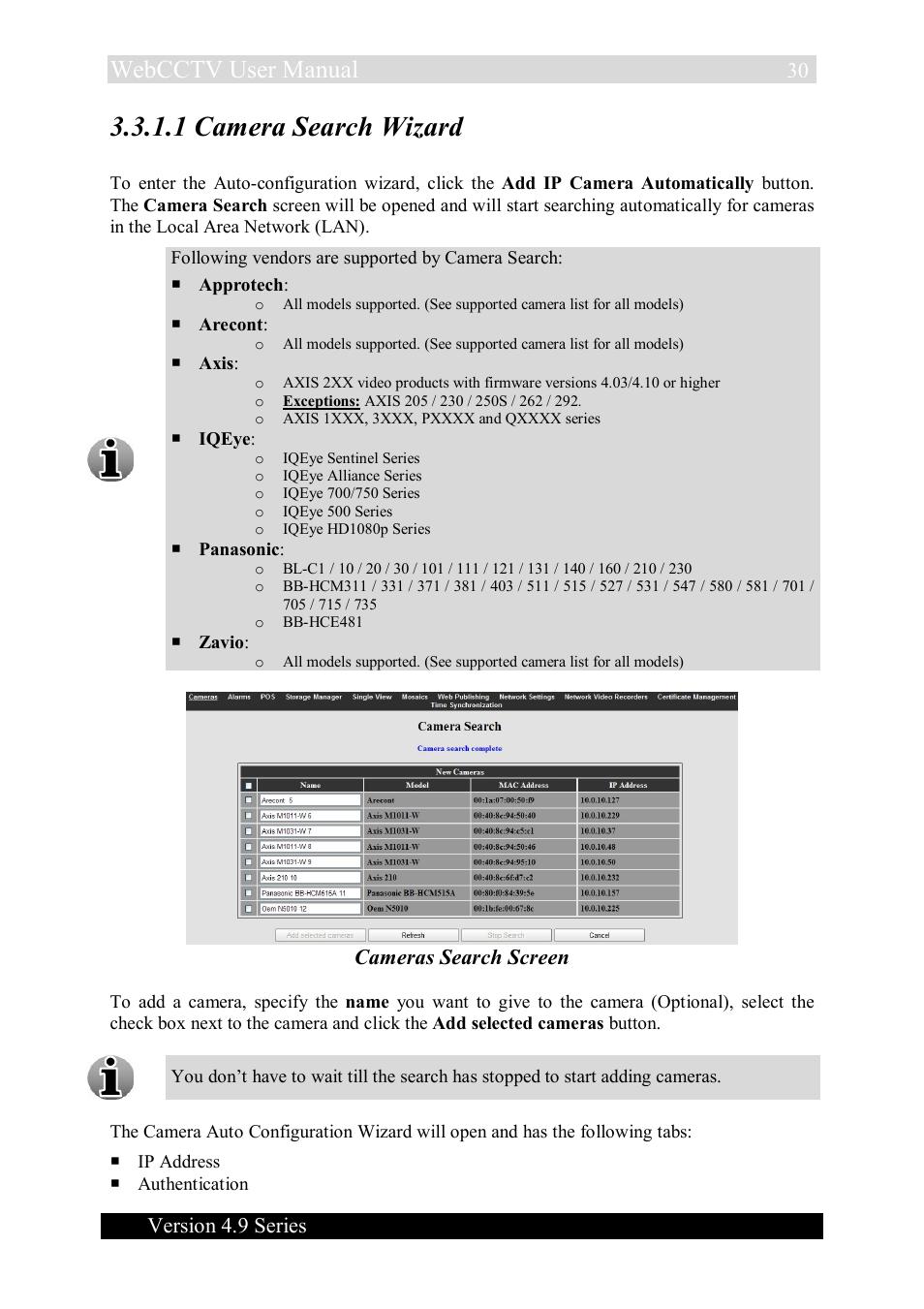 1 camera search wizard, Webcctv user manual, Version 4.9 series | Cameras search screen | Quadrox WebCCTV User Manual User Manual | Page 30 / 170