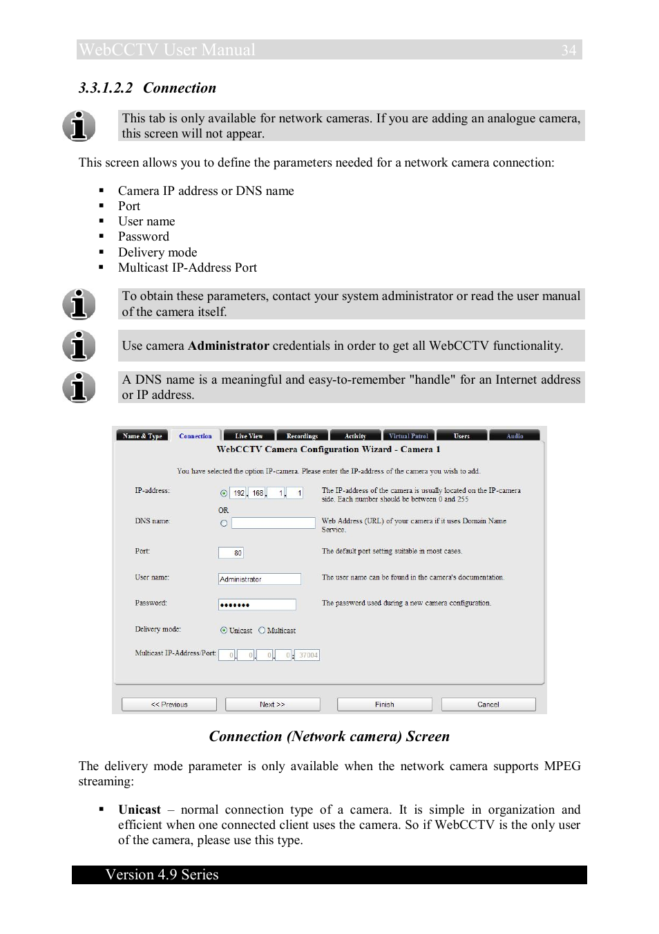 Webcctv user manual, Version 4.9 series, 2 connection | Connection (network camera) screen | Quadrox WebCCTV User Manual User Manual | Page 34 / 170