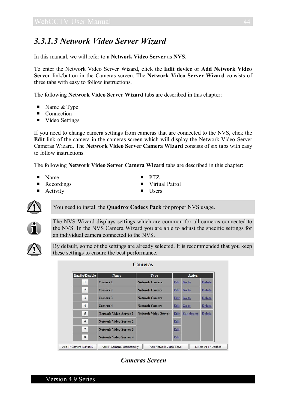 3 network video server wizard, Webcctv user manual, Version 4.9 series | Cameras screen | Quadrox WebCCTV User Manual User Manual | Page 44 / 170