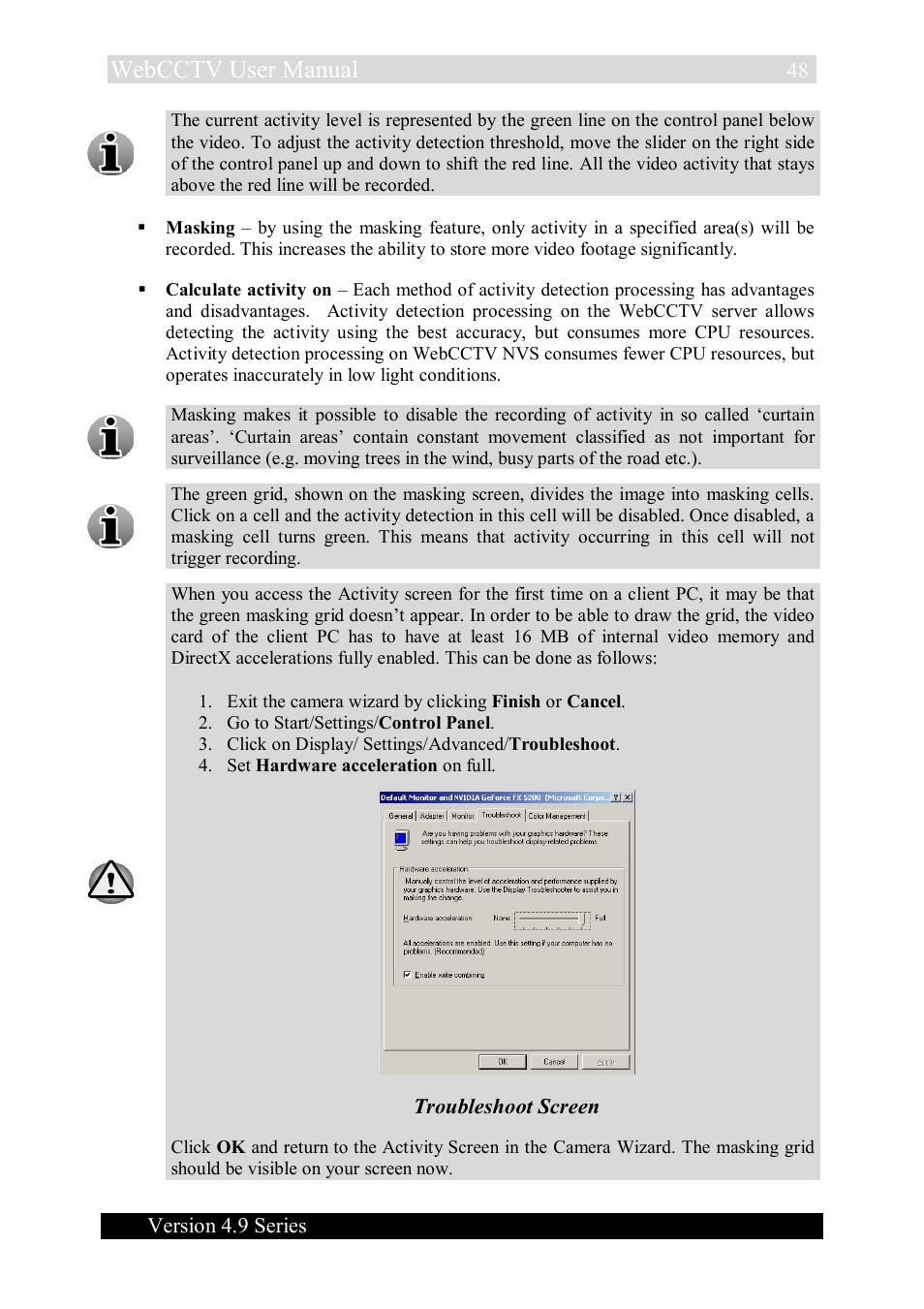 Webcctv user manual, Version 4.9 series, Troubleshoot screen | Quadrox WebCCTV User Manual User Manual | Page 48 / 170