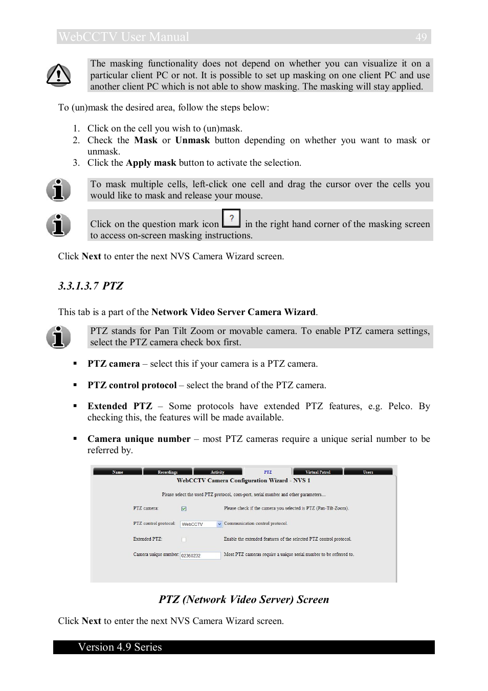 Webcctv user manual, Version 4.9 series, 7 ptz | Ptz (network video server) screen | Quadrox WebCCTV User Manual User Manual | Page 49 / 170