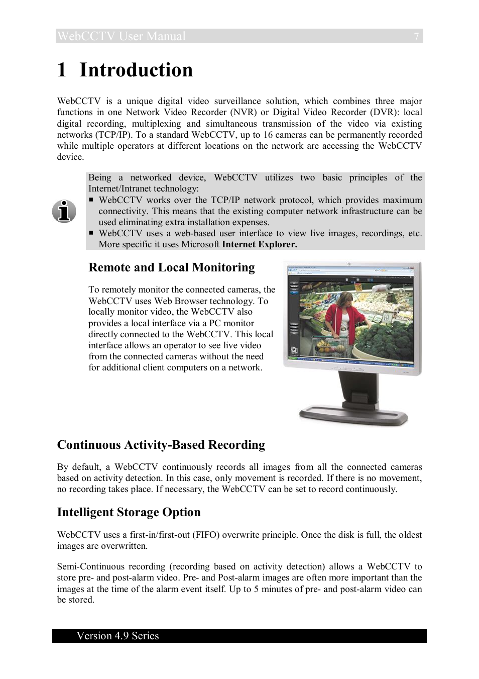 1 introduction, Webcctv user manual, Remote and local monitoring | Continuous activity-based recording, Intelligent storage option | Quadrox WebCCTV User Manual User Manual | Page 7 / 170