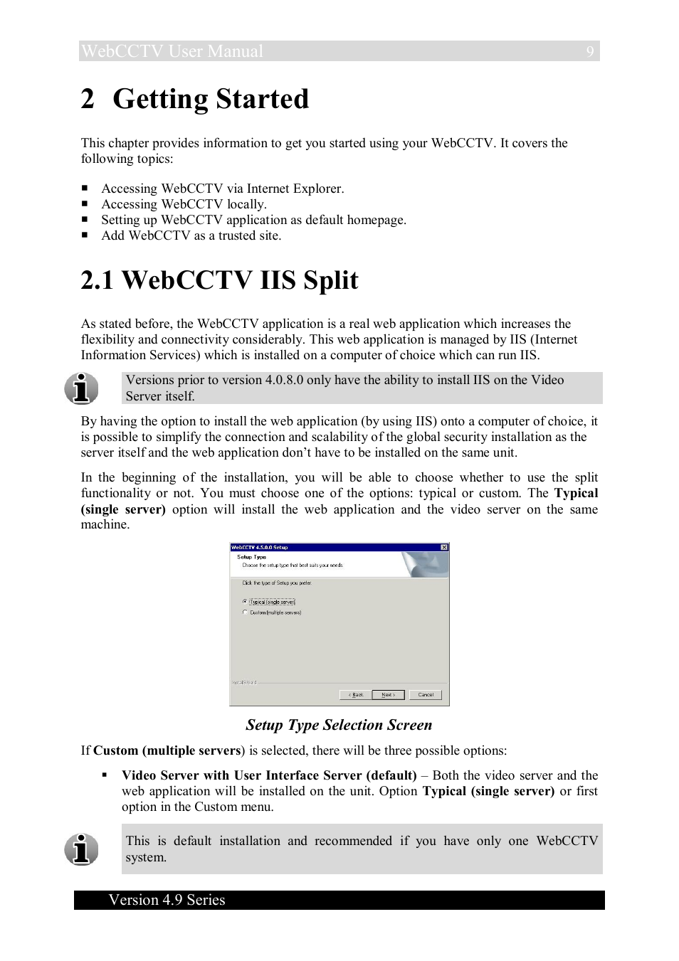 2 getting started, 1 webcctv iis split, Webcctv user manual | Quadrox WebCCTV User Manual User Manual | Page 9 / 170