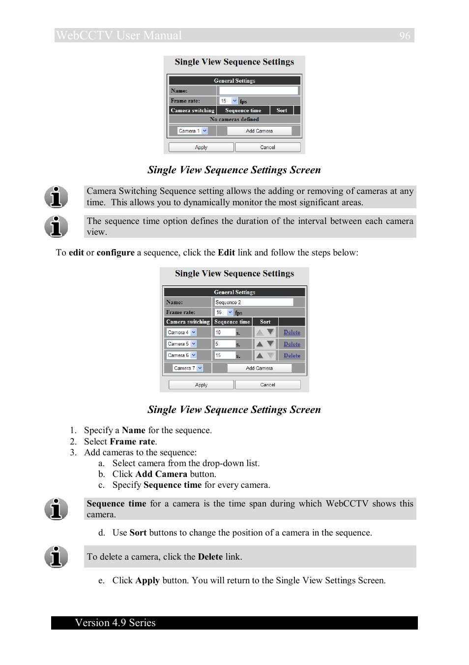 Webcctv user manual, Version 4.9 series, Single view sequence settings screen | Quadrox WebCCTV User Manual User Manual | Page 96 / 170