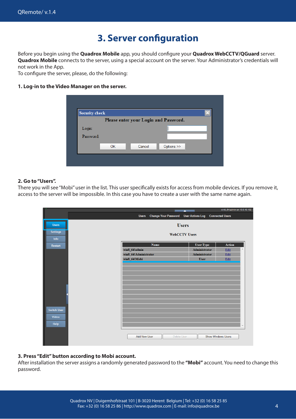 Server configuration | Quadrox Mobile User Manual | Page 4 / 10