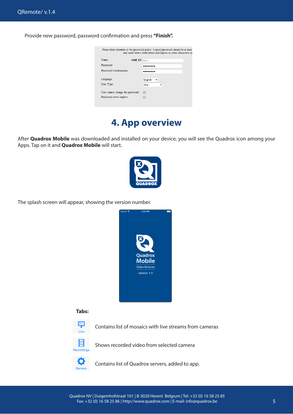 App overview | Quadrox Mobile User Manual | Page 5 / 10