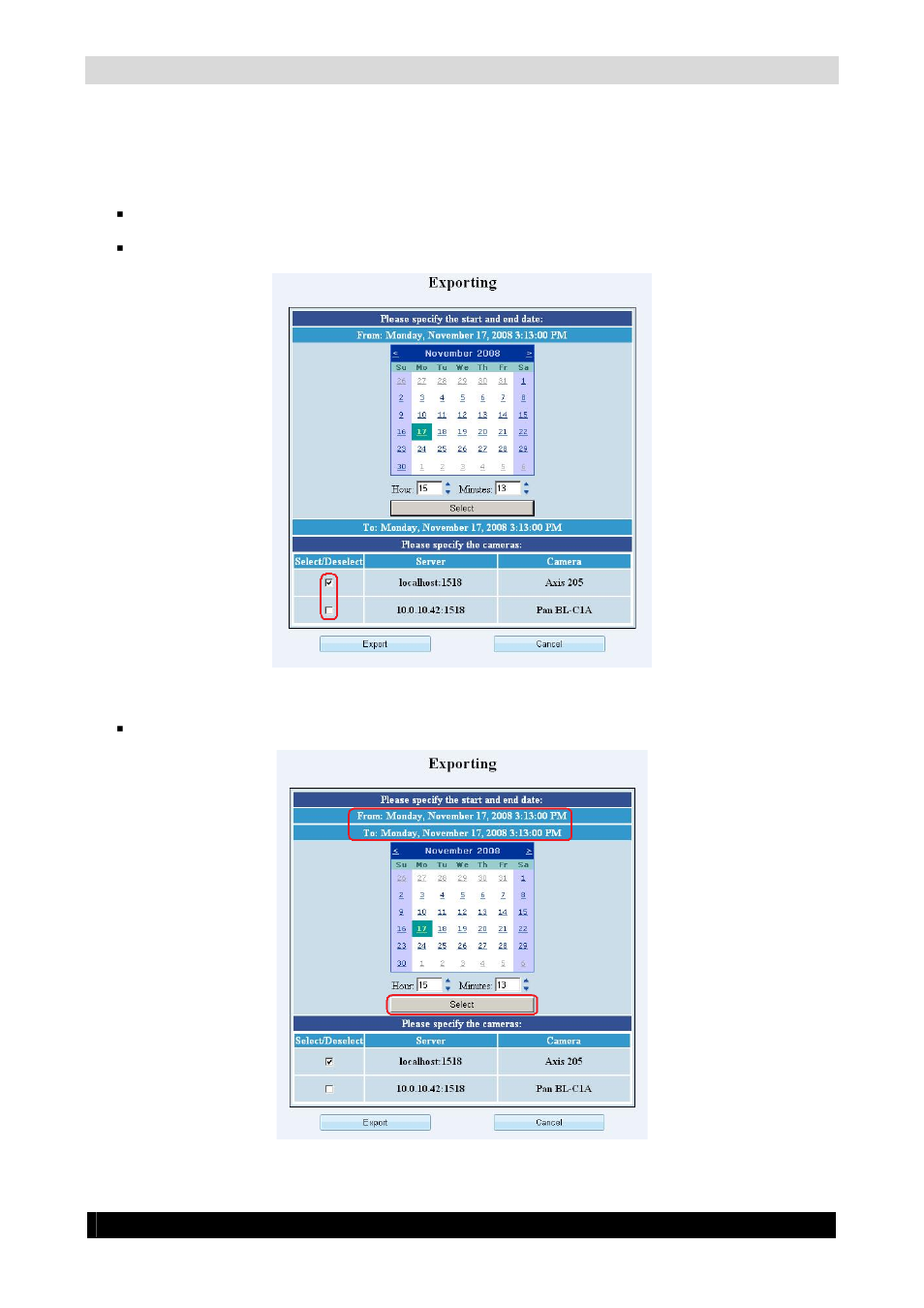 Count!guard manual 25, Export select cameras screen, Export select time period screen | Version 2.1.0.0 series | Quadrox Count-Guard User Manual User Manual | Page 25 / 48