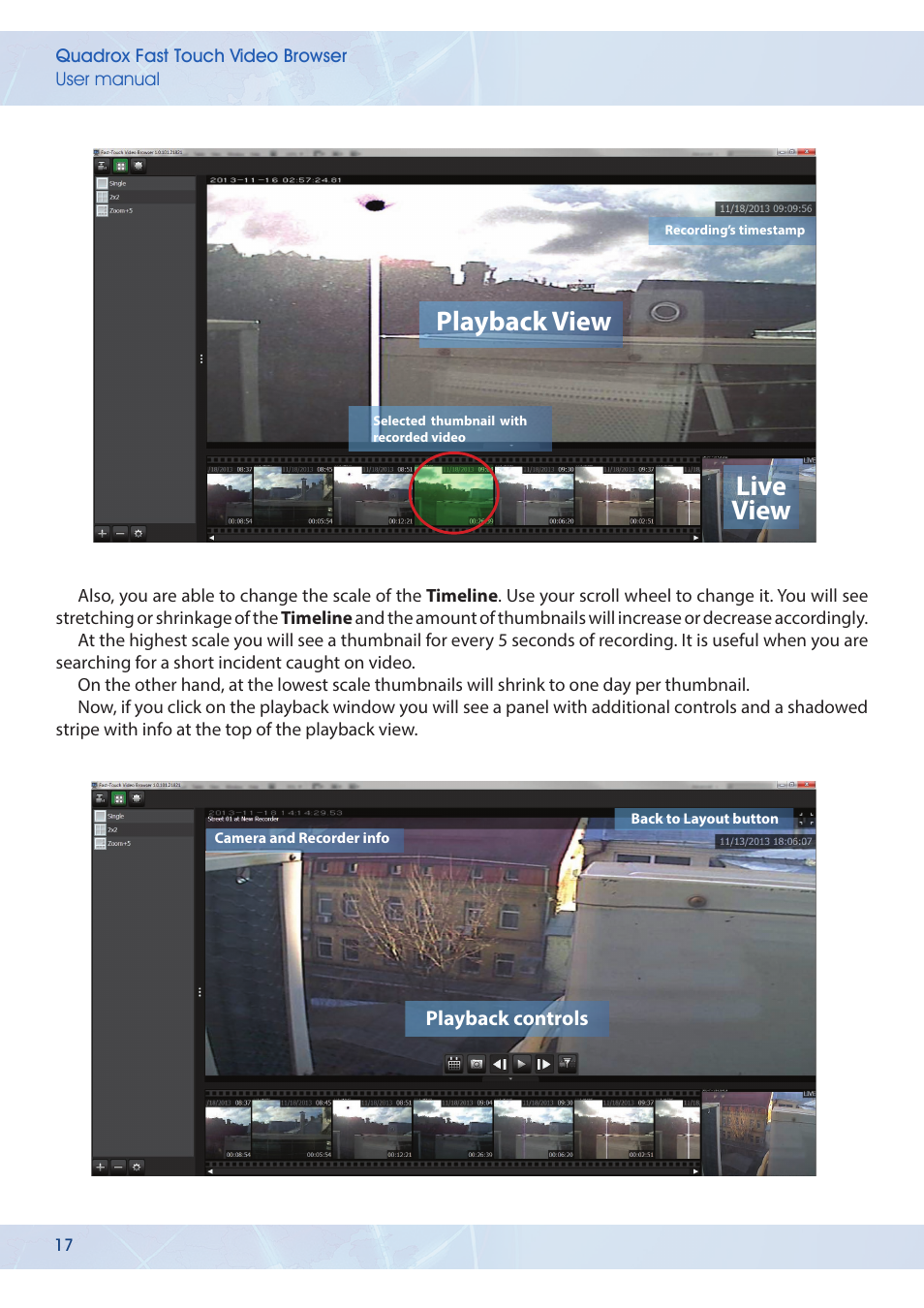 Playback view, Live view | Quadrox Fast-Touch Video Browser User Manual | Page 17 / 21