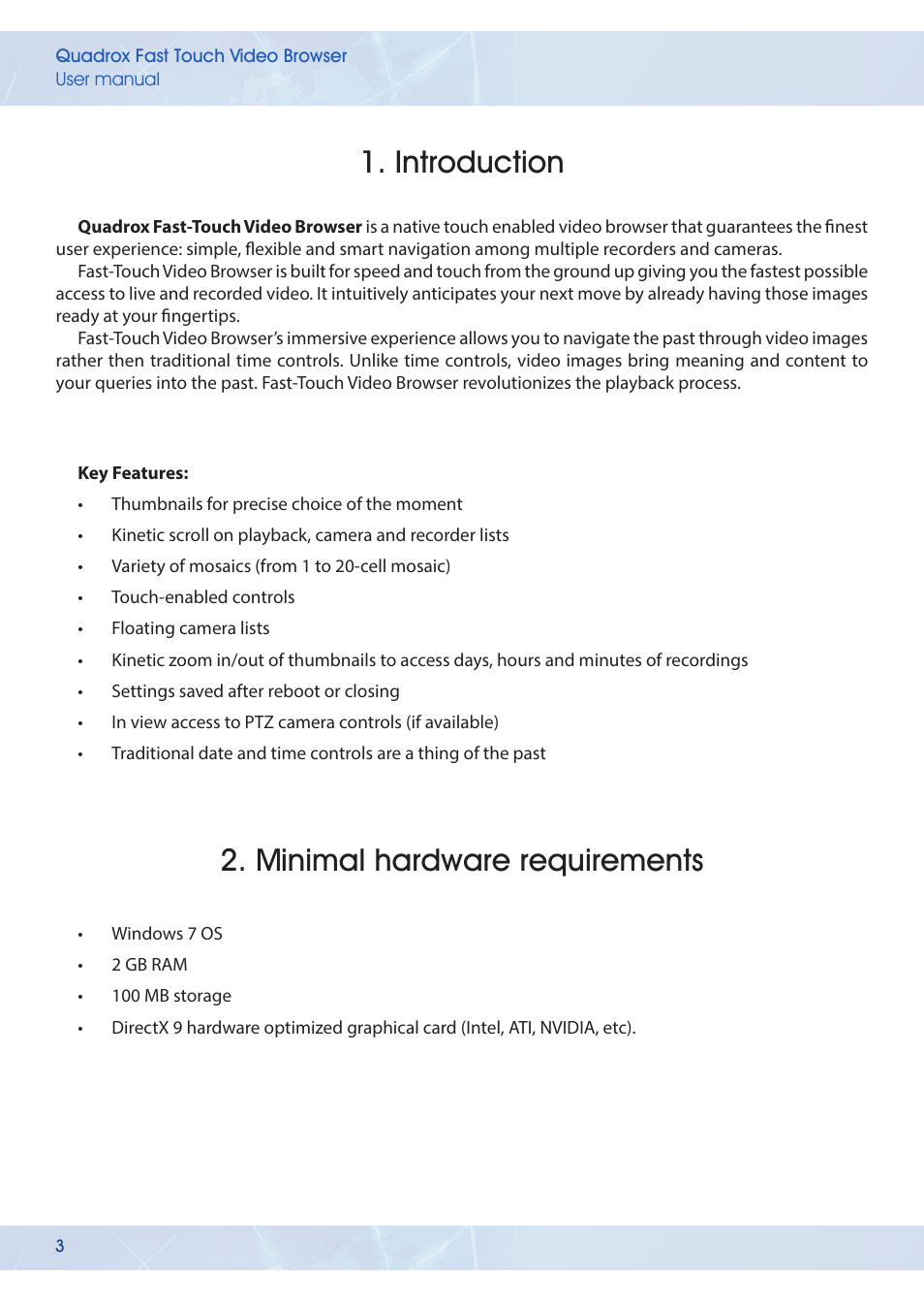 Introduction, Minimal hardware requirements | Quadrox Fast-Touch Video Browser User Manual | Page 3 / 21