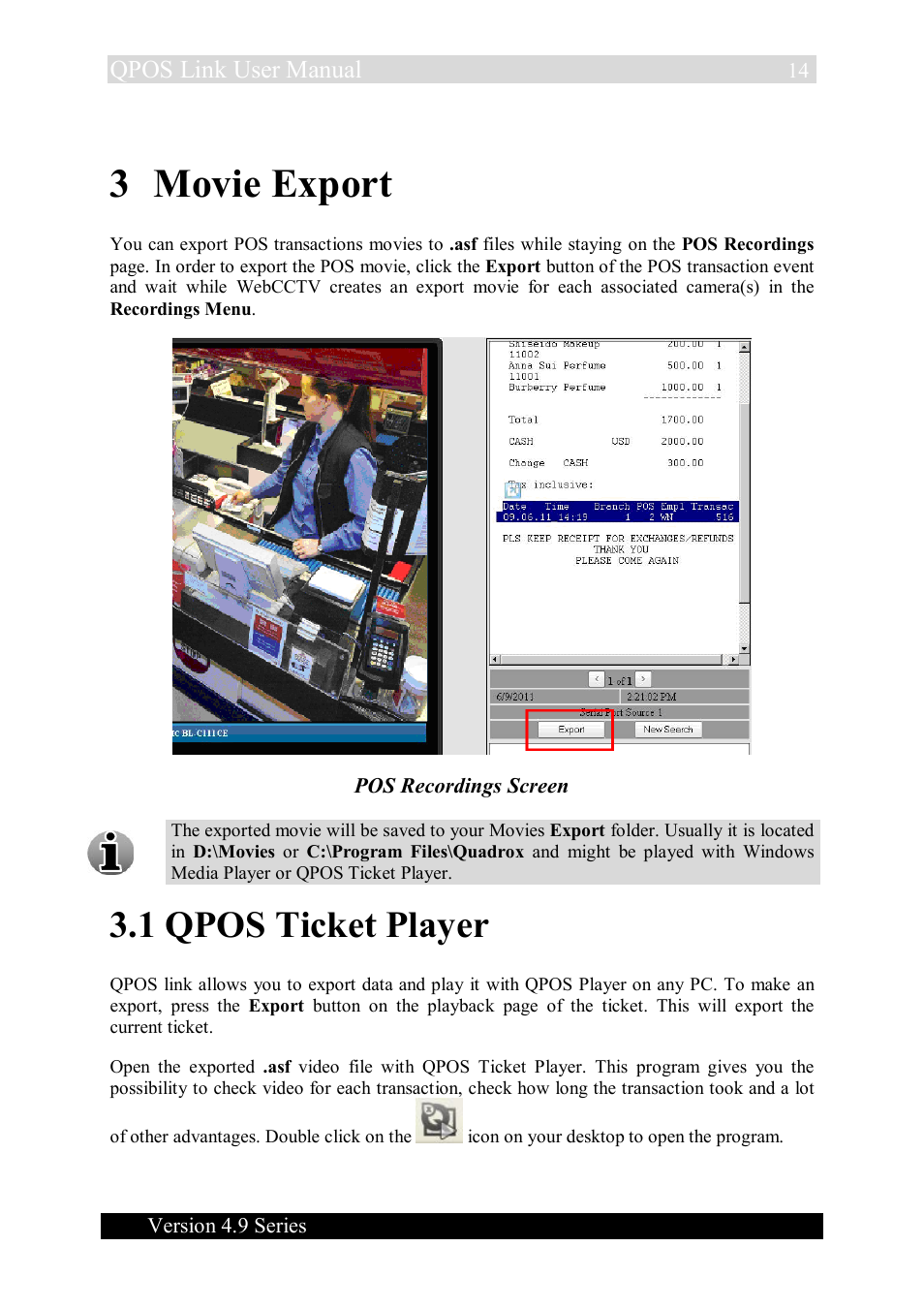 3 movie export, 1 qpos ticket player, Qpos link user manual | Quadrox QPOS Link User Manual | Page 14 / 16