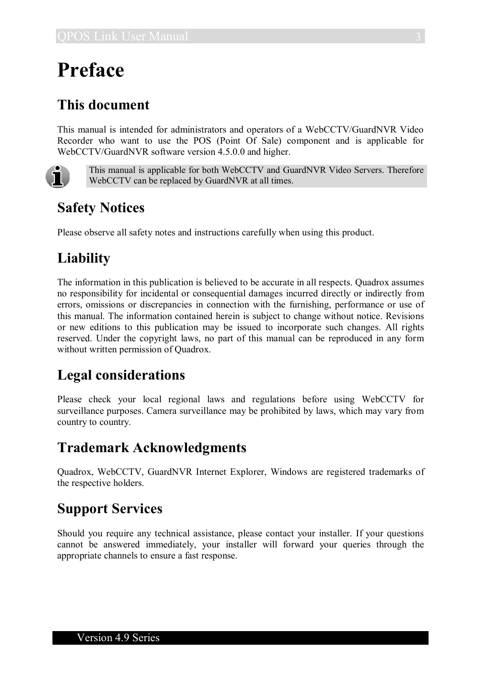 Preface, This document, Safety notices | Liability, Legal considerations, Trademark acknowledgments, Support services | Quadrox QPOS Link User Manual | Page 3 / 16