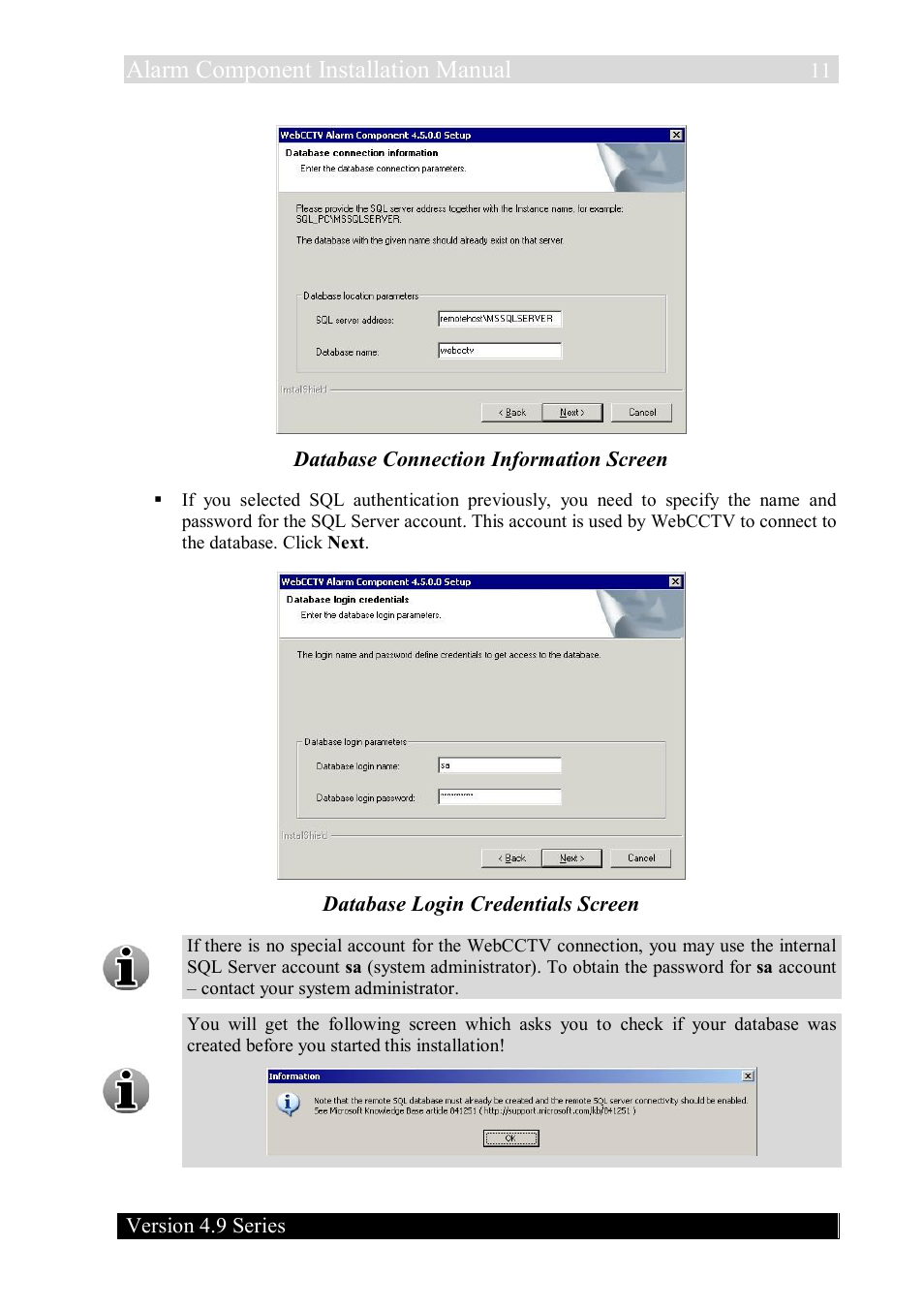 Alarm component installation manual, Version 4.9 series, Database connection information screen | Database login credentials screen | Quadrox Alarm Component User Manual | Page 11 / 12